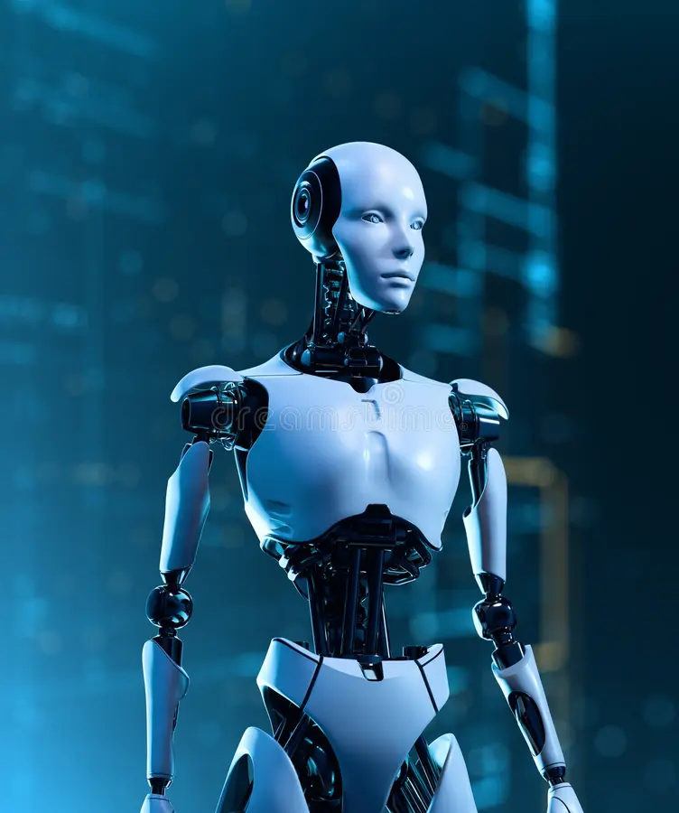 Humanoid robot in a blue futuristic setting